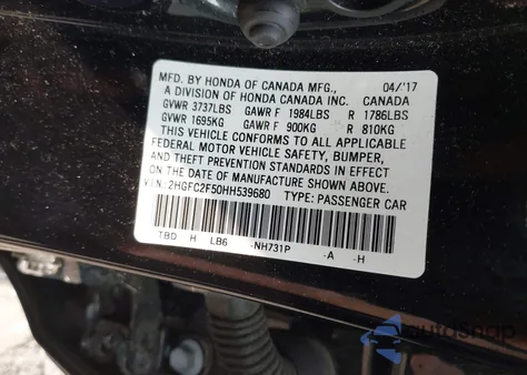 2017 Honda Civic Lx из США, поврежденный, VIN 2HGFC2F50HH539680